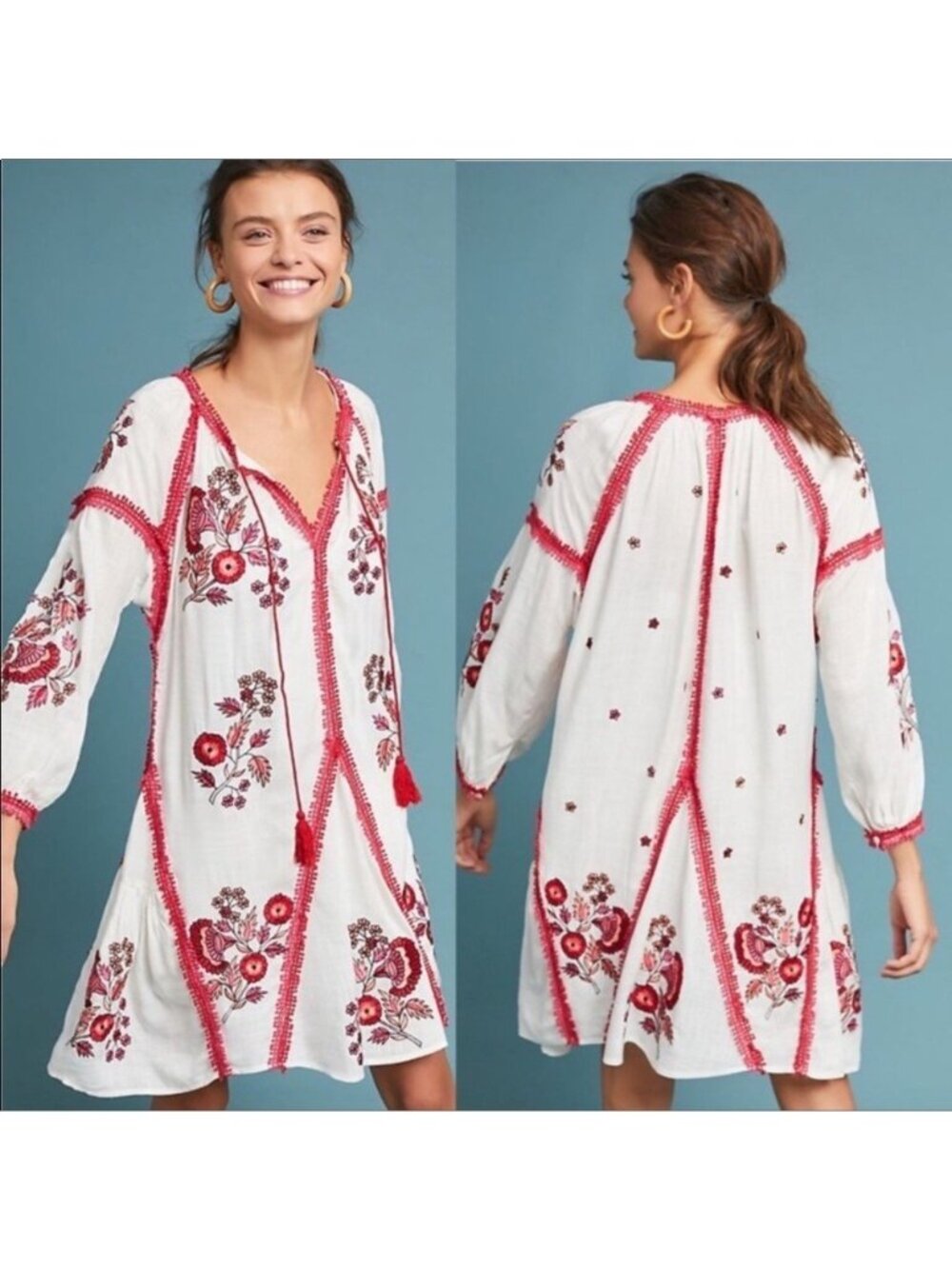 Anthropologie Ranna Gill, Hadley Embroidered Tunic DRESS Ivory, Red Floral, Sz L